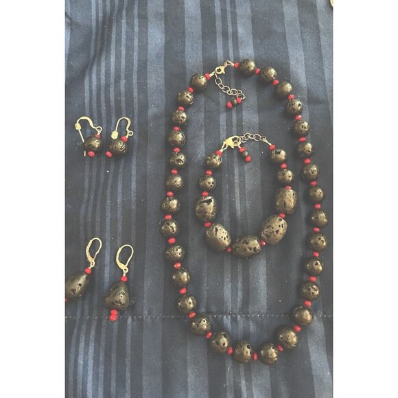 Unbranded Jewelry - Natural Lava Stone Mala Bead Necklace, Bracelet Earrings Set. Adjustable
